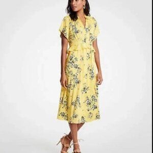 Ann Taylor Petite Yellow Floral Midi Dress 4P